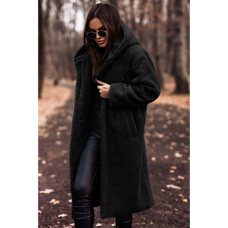Damen Teddy Mantel mit Kapuze | Lang