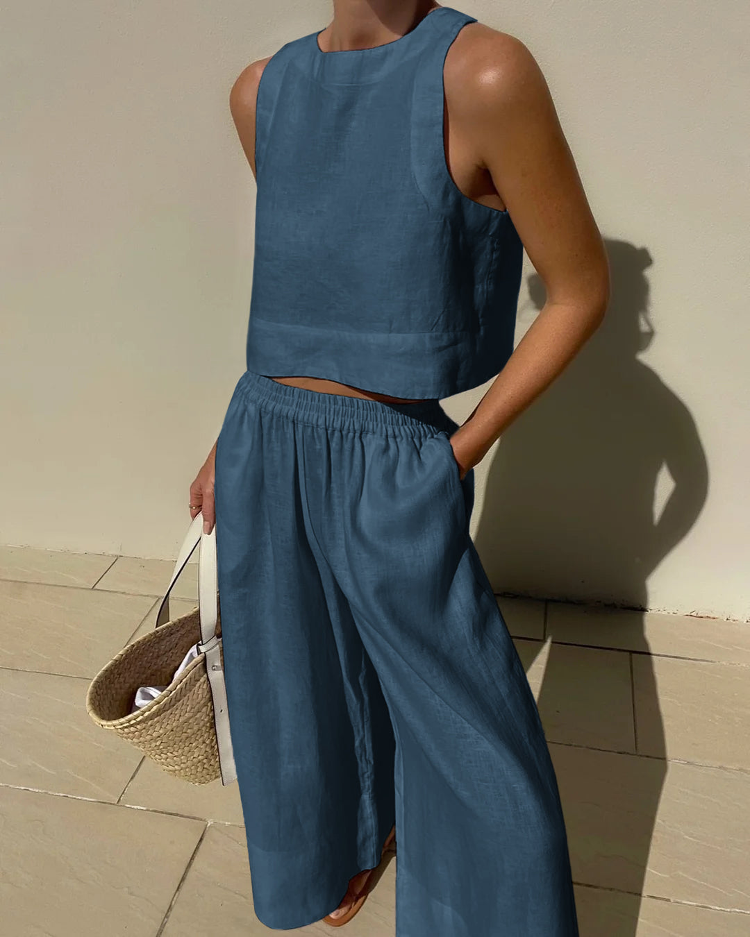 Belle | Zweiteiliges Set mit weitem Hosen - Leinenmix