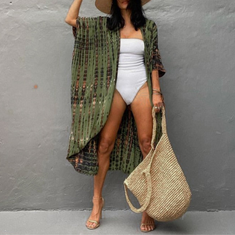 Lyanne | Bohemian Strandtunika aus gestreiftem Chiffon mit Kimonoärmeln