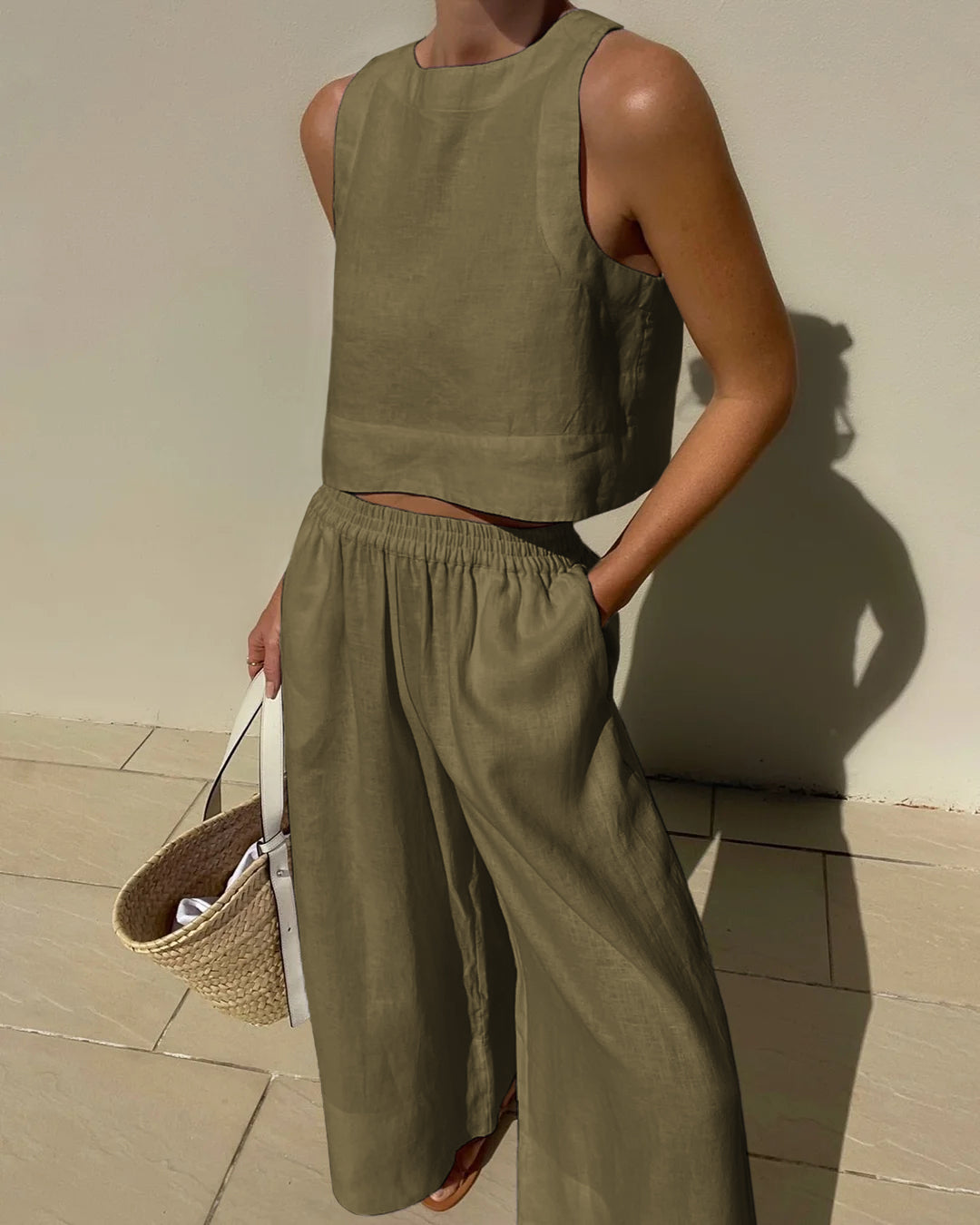 Belle | Zweiteiliges Set mit weitem Hosen - Leinenmix