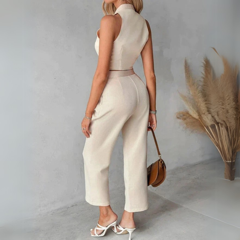 Bijou | Beige Zweiteiliges Büroset mit ärmellosem Top und Hose