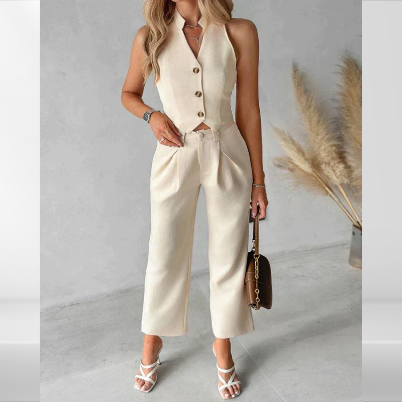 Bijou | Beige Zweiteiliges Büroset mit ärmellosem Top und Hose