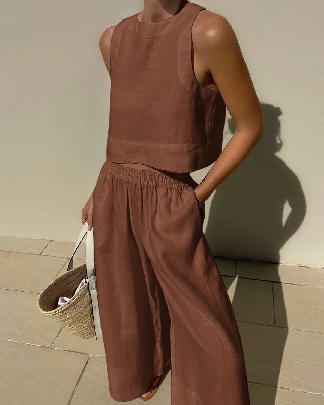 Belle | Zweiteiliges Set mit weitem Hosen - Leinenmix