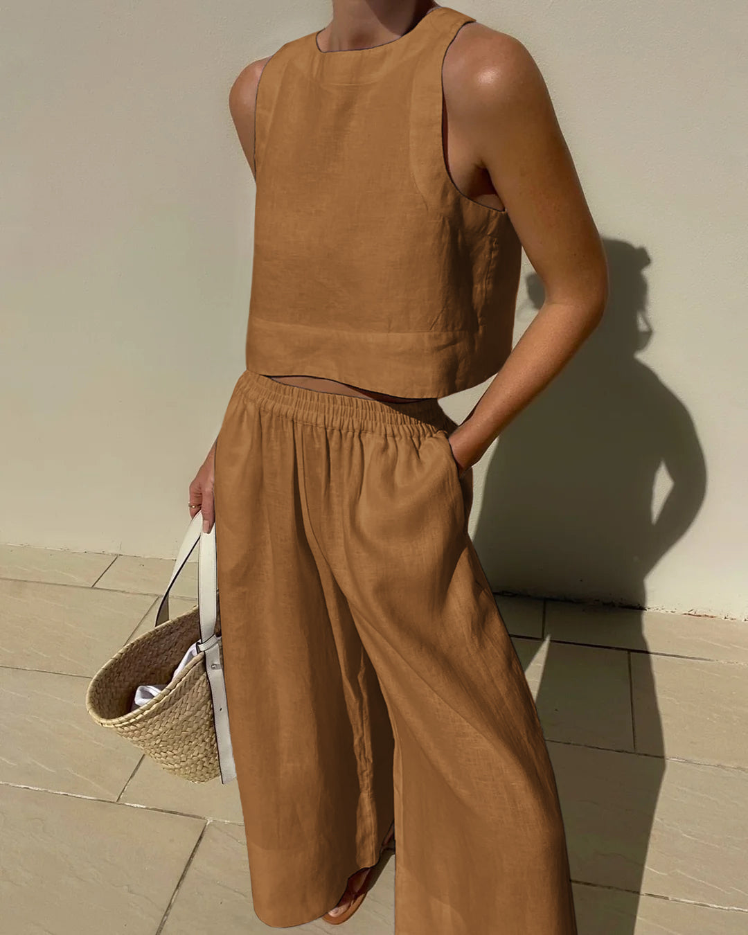 Belle | Zweiteiliges Set mit weitem Hosen - Leinenmix