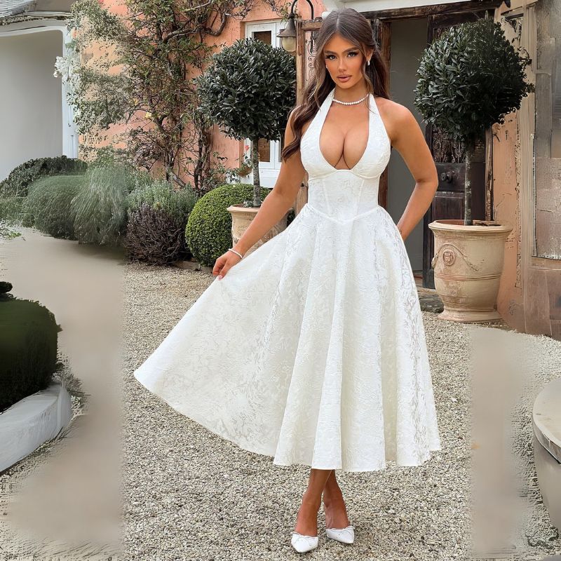 Delphina | Weisse Ärmellos Hochzeitsgast Kleid | Midi