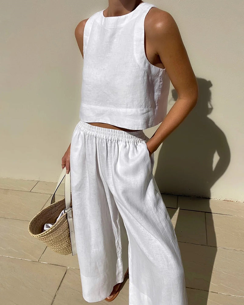 Belle | Zweiteiliges Set mit weitem Hosen - Leinenmix