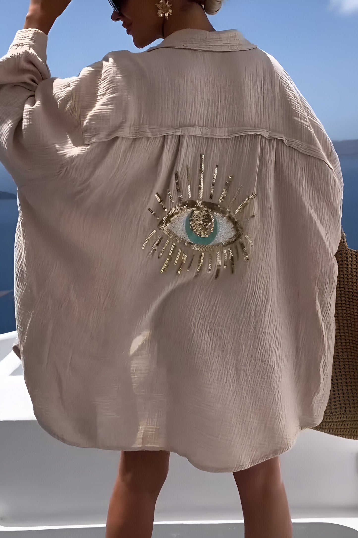 Caja | Evil Eye Perlen-Polo Button Down-Helles Khaki-S-Becker Boutique