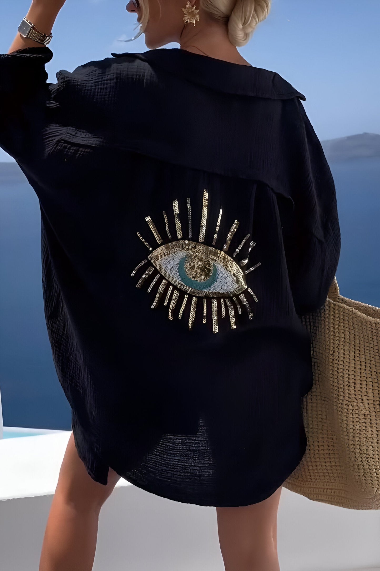 Caja | Evil Eye Perlen-Polo Button Down-Schwarz-S-Becker Boutique