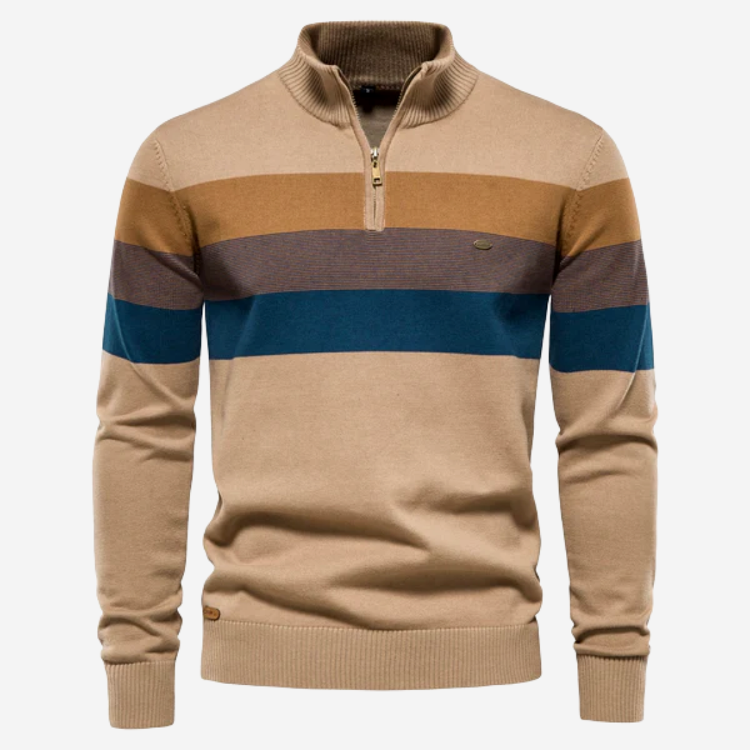 Caleb | Gestreifter Retro-Pullover mit halbem Reißverschluss-Khaki-S-Becker Boutique