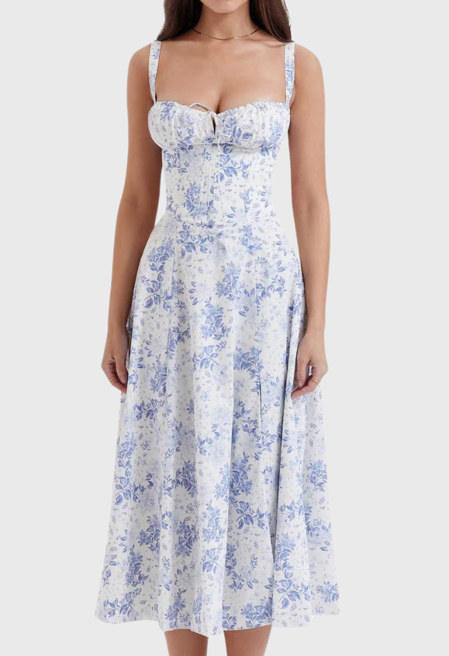 Carmen | Geblümtes Bustierkleid mit Taillenform-Blaue Blumen-S-Becker Boutique