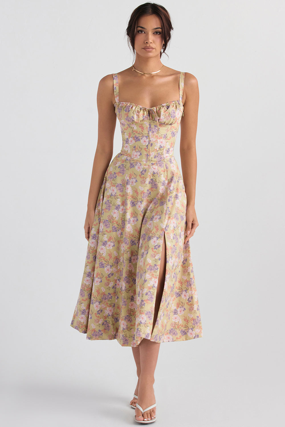 Carmen | Geblümtes Bustierkleid mit Taillenform-Gelbe Blumen-S-Becker Boutique