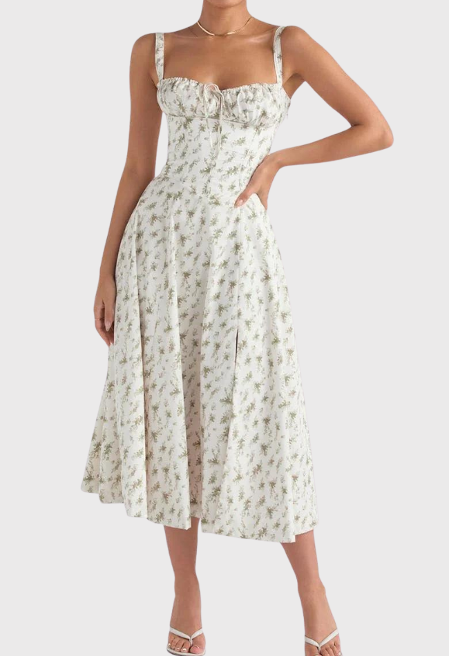 Carmen | Geblümtes Bustierkleid mit Taillenform-Grüne Blumen-S-Becker Boutique
