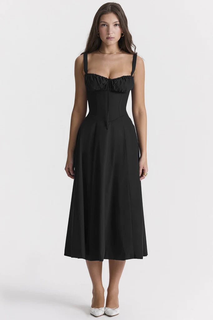 Carmen | Geblümtes Bustierkleid mit Taillenform-Schwarz-S-Becker Boutique