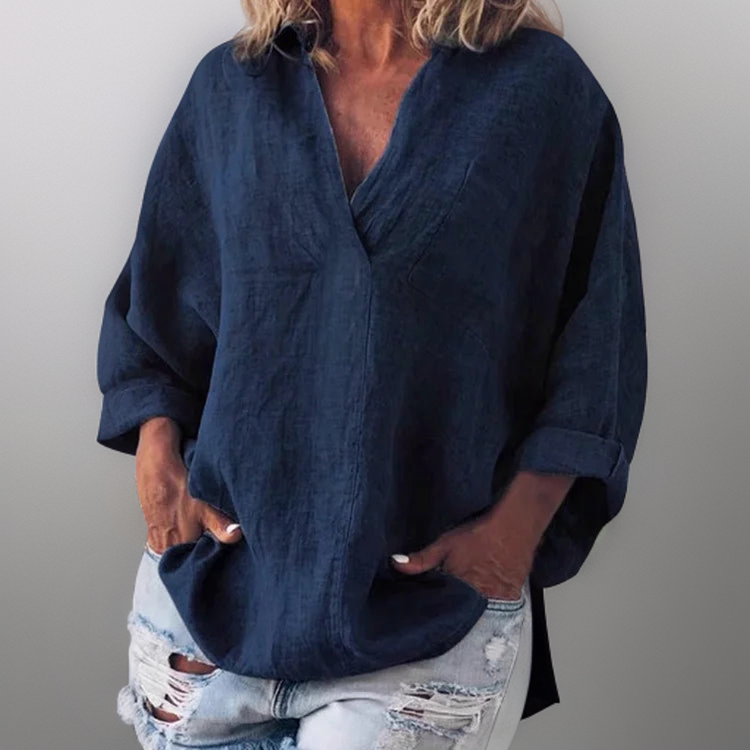 Constanze | Komfortables Langarm-Shirt mit V-Ausschnitt-Marinblau-S-Becker Boutique