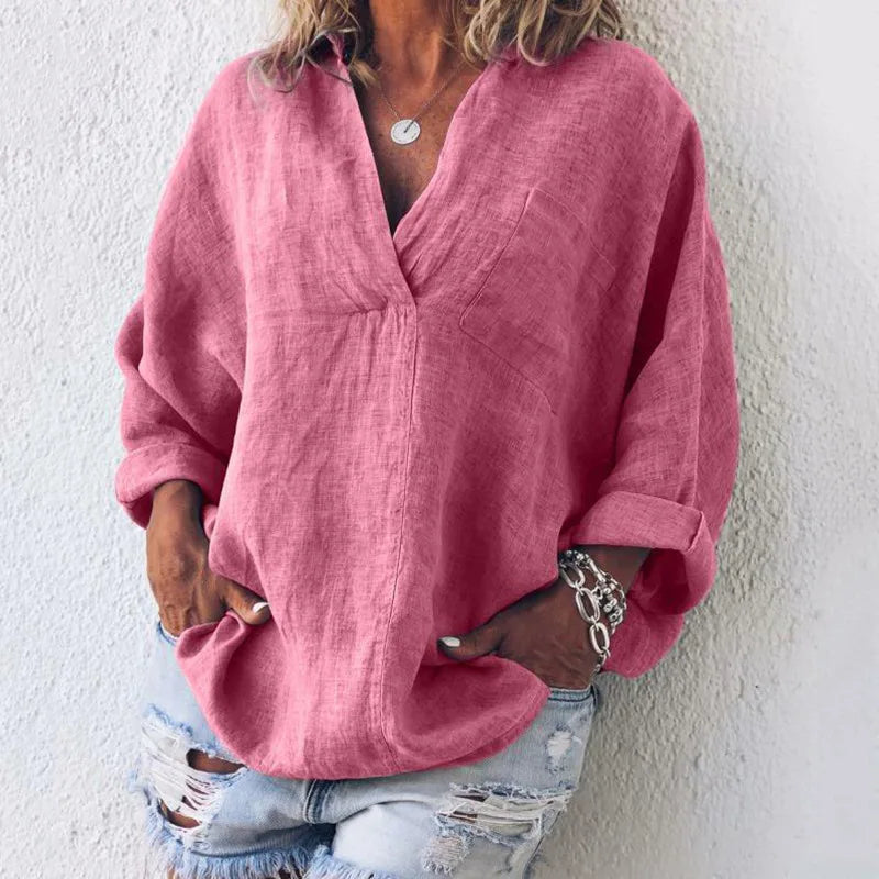 Constanze | Komfortables Langarm-Shirt mit V-Ausschnitt-Rosa-S-Becker Boutique