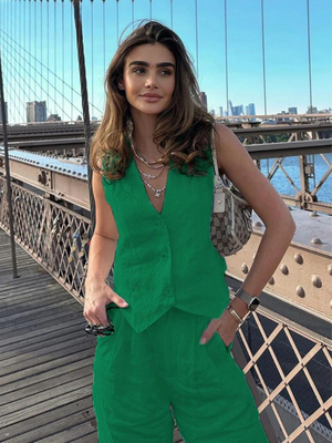 Dilara | 2-teiliges Set aus Leinen und Baumwolle - Ärmelloses Oberteil und Hose-Grün-S-Becker Boutique