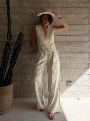 Dilara | 2-teiliges Set aus Leinen und Baumwolle - Ärmelloses Oberteil und Hose-Khaki-S-Becker Boutique