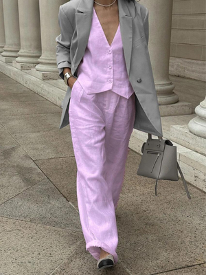 Dilara | 2-teiliges Set aus Leinen und Baumwolle - Ärmelloses Oberteil und Hose-Rosa-S-Becker Boutique