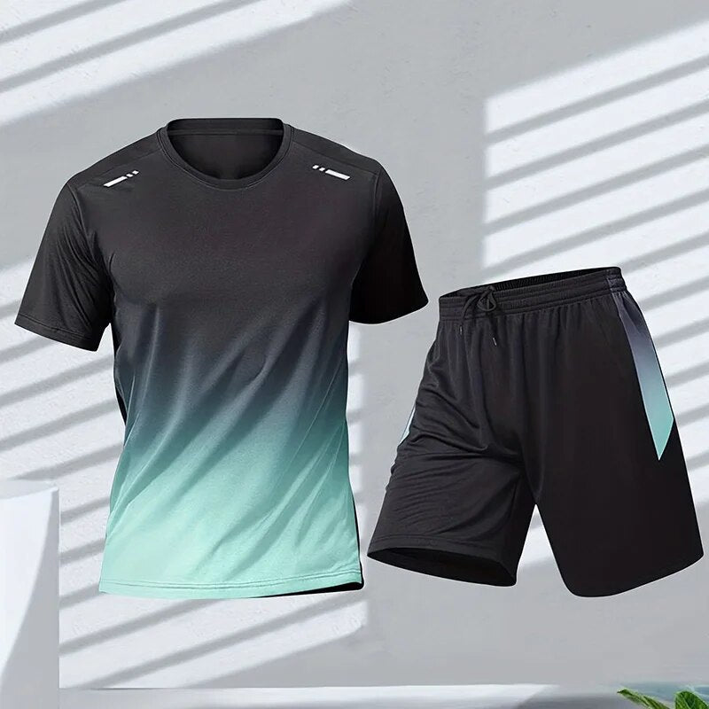 Florian | Zweiteiliges Sportbekleidungsset - Tshirt und Shorts-Blau Grün-M-Becker Boutique