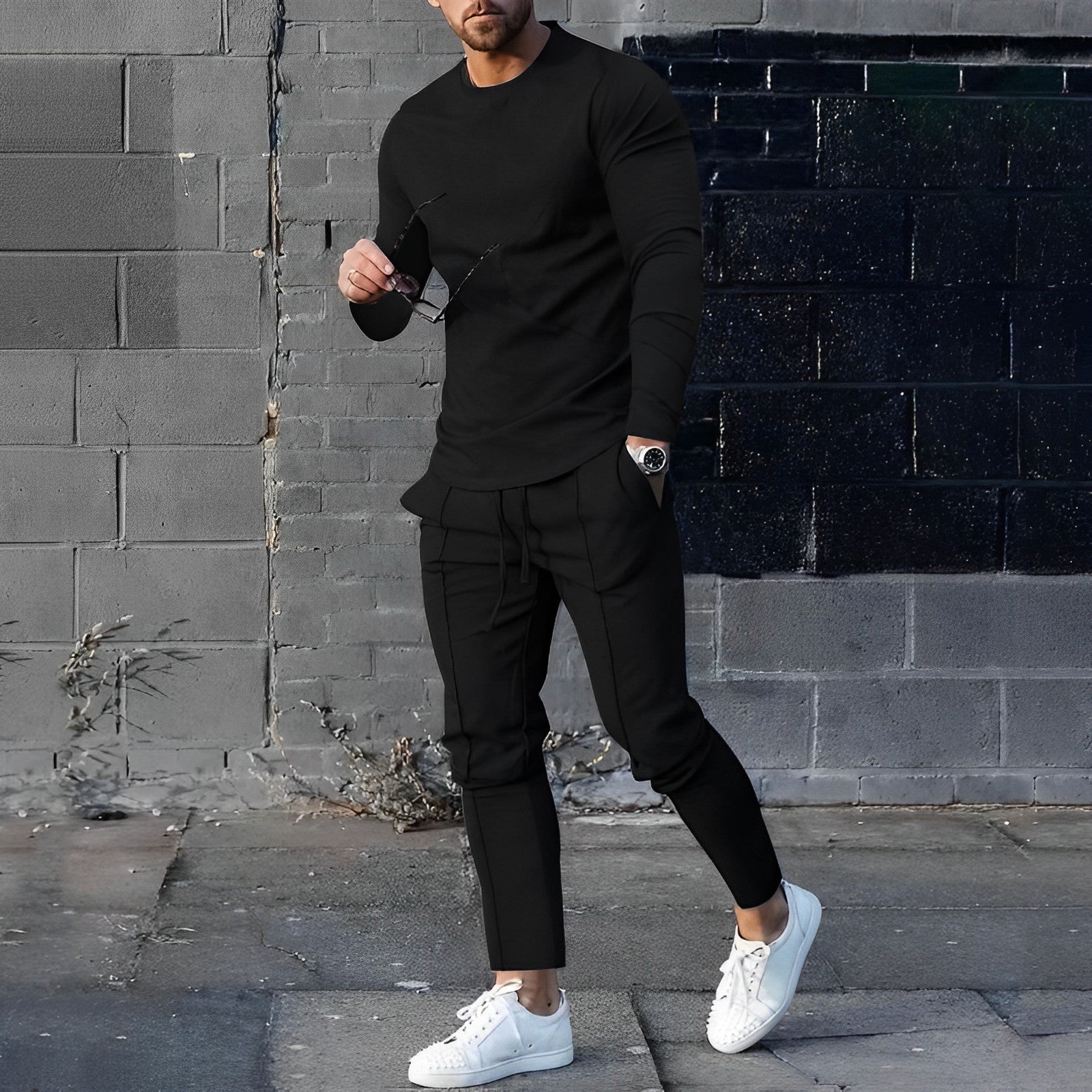 Giovan | Pullover und Hose für Männer im Muscle Fit Set-Schwarz-S-Becker Boutique