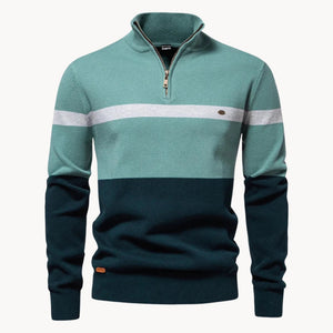 Florent | Stribet sweater med lynlås og hals til mænd-Grøn-Florent | Pull Col Cheminée Zippé pour Hommes avec Motif Rayé - €38-Bentzen Butik