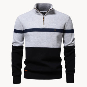 Florent | Stribet sweater med lynlås og hals til mænd-Grå-Florent | Pull Col Cheminée Zippé pour Hommes avec Motif Rayé - €38-Bentzen Butik