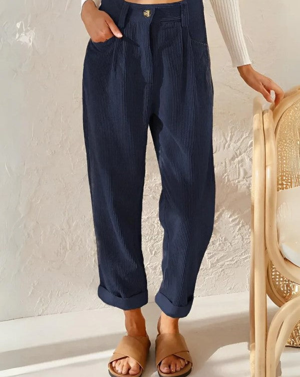 Jena | Cordhose mit hohem Bund und Faltenwurf-Blau-S-Becker Boutique