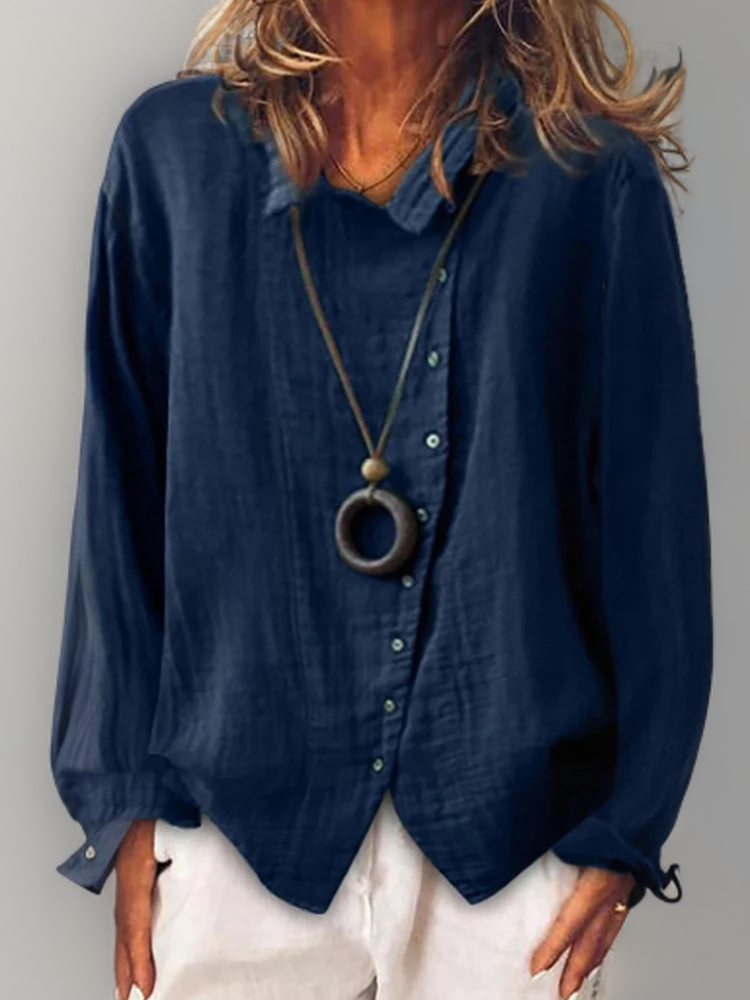 Lovisa┃Baumwolle und Leinen Langärmelige Bluse mit Knöpfen-Blau-S-Becker Boutique