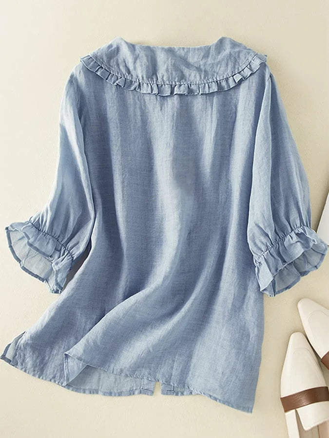 Mariah | Leinenbluse mit halblangen Ärmeln und Kragen-Blau-S-Becker Boutique