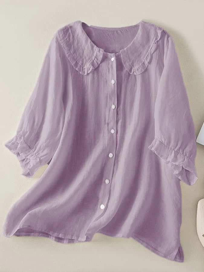 Mariah | Leinenbluse mit halblangen Ärmeln und Kragen-Lila-S-Becker Boutique
