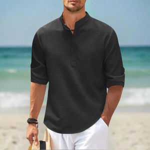 Marvin | Stilvolles Herrenhemd aus Baumwolle und Leinen - Grandad Style-Schwarz-S-Becker Boutique