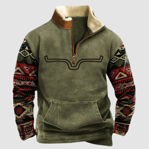 Max | Vintage-Fleece-Pullover mit Reißverschluss-Olive mit Hornmotiv-S-Becker Boutique