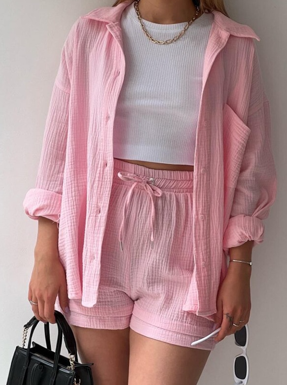 Mila | 2-teiliges Set aus Hemd und Shorts aus Baumwolle-Hellrosa-S-Becker Boutique