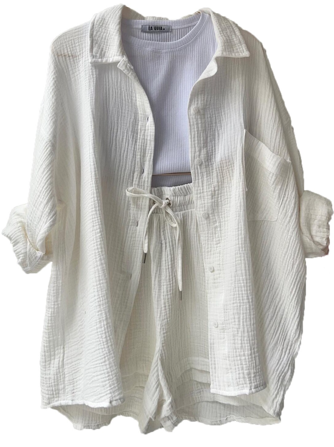 Mila | 2-teiliges Set aus Hemd und Shorts aus Baumwolle-Weiß-S-Becker Boutique