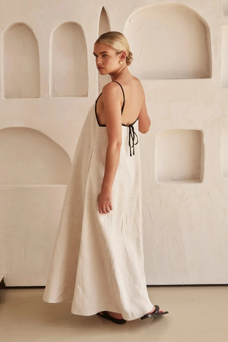 Minke | Boho Leinen Ärmelloses Maxikleid in Beige-Becker Boutique