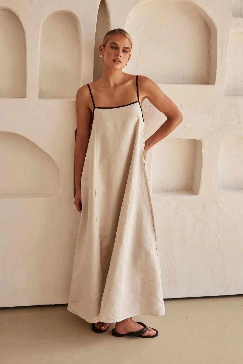 Minke | Boho Leinen Ärmelloses Maxikleid in Beige-Becker Boutique
