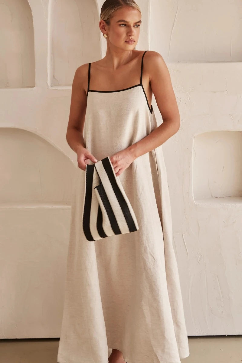 Minke | Boho Leinen Ärmelloses Maxikleid in Beige-Becker Boutique
