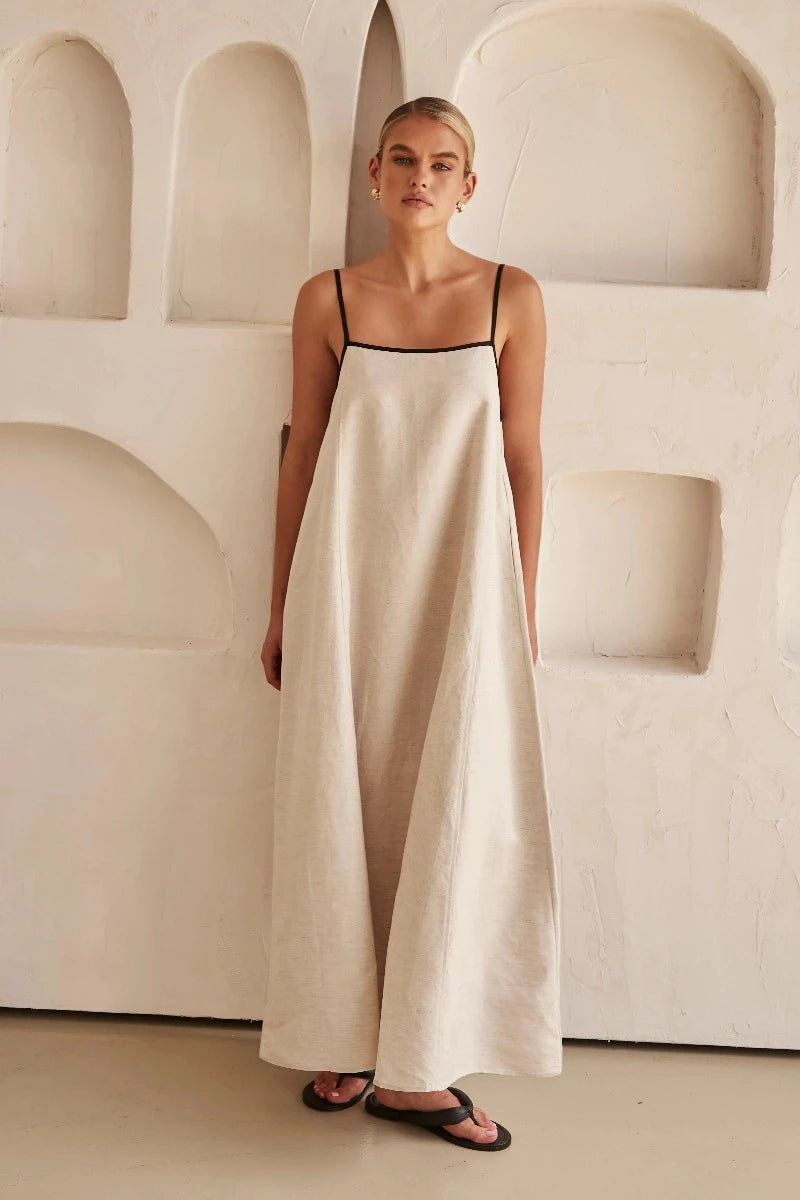 Minke | Boho Leinen Ärmelloses Maxikleid in Beige-Becker Boutique