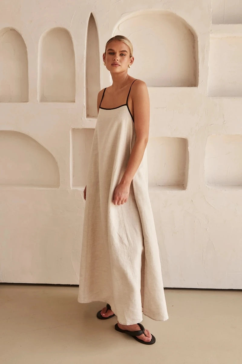 Minke | Boho Leinen Ärmelloses Maxikleid in Beige-Becker Boutique