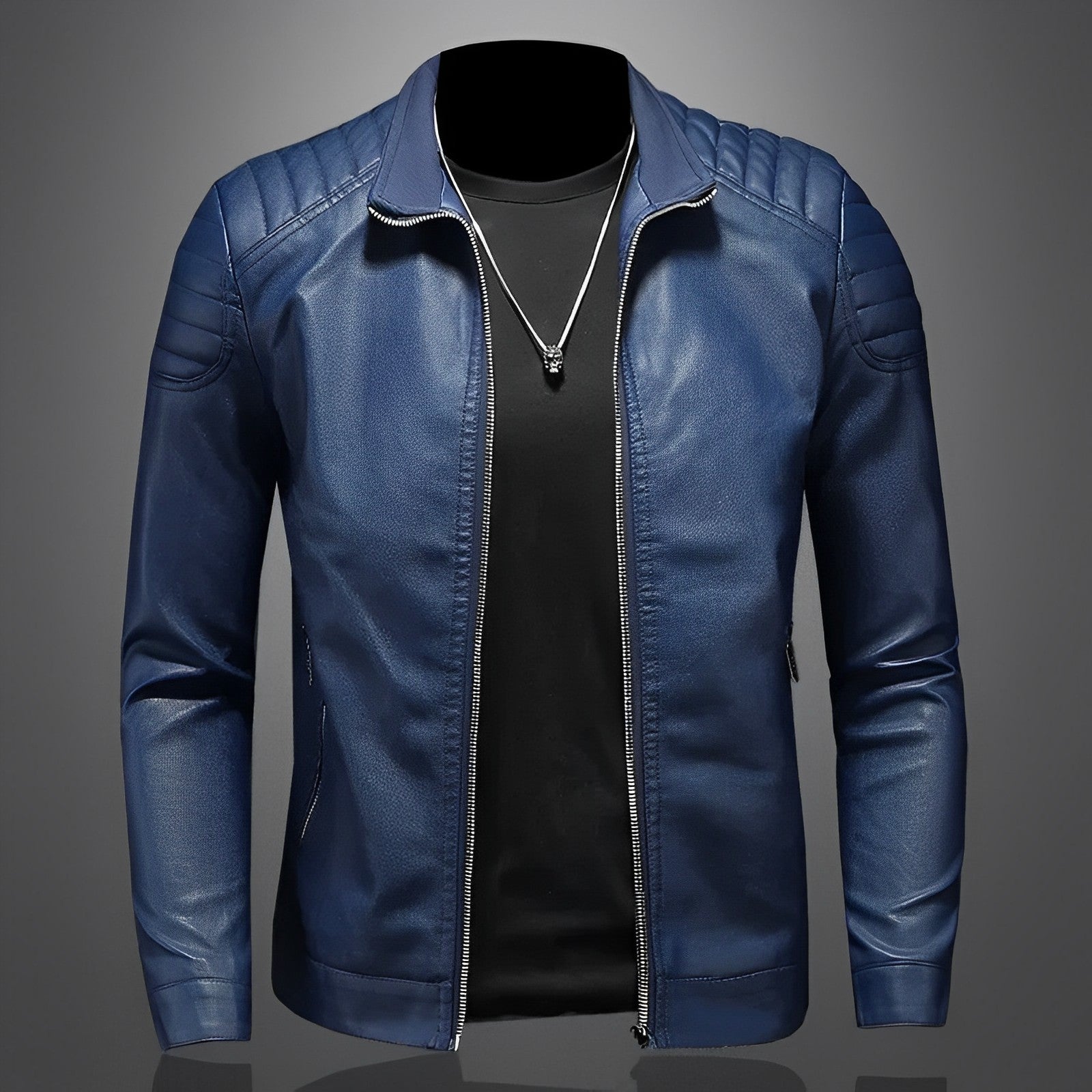 Mono | Schwarze Lederjacke mit Reißverschluss-Blau-XS-Becker Boutique