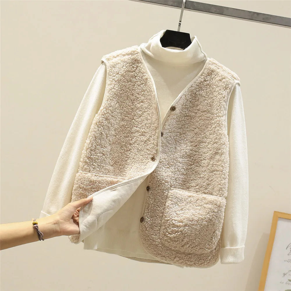 Noma | Women's Sleeveless Vest mit dickem Fleece-Futter - Faux Lamb Wool-Beige-S-Becker Boutique