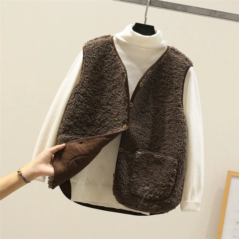 Noma | Women's Sleeveless Vest mit dickem Fleece-Futter - Faux Lamb Wool-Kaffee-S-Becker Boutique
