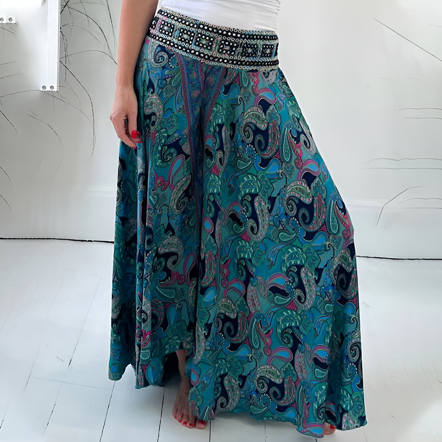 Rita | Paisley-weites Bein Hose-Grön-S-Becker Boutique