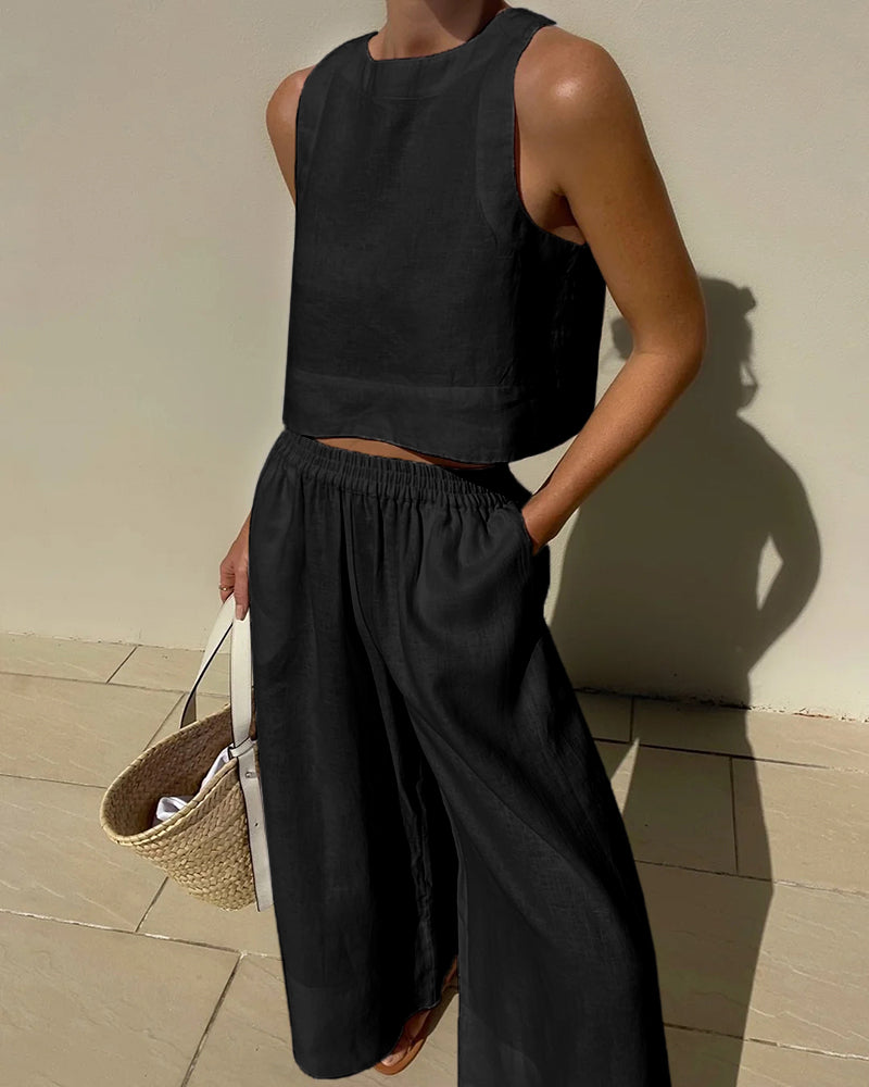 Belle | Zweiteiliges Set mit weitem Hosen - Leinenmix