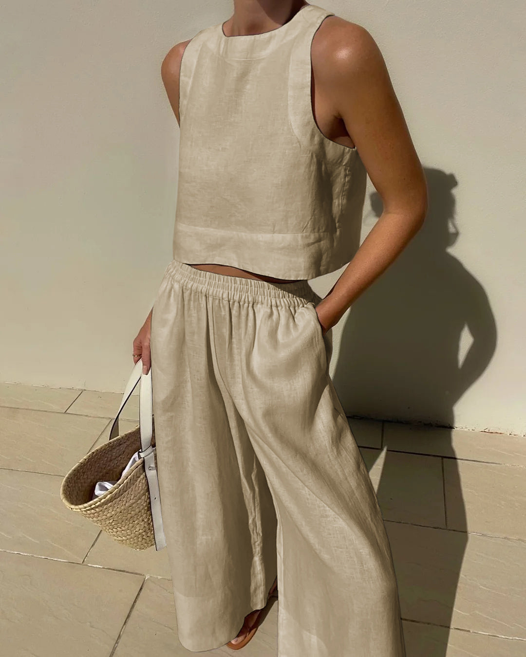 Belle | Zweiteiliges Set mit weitem Hosen - Leinenmix