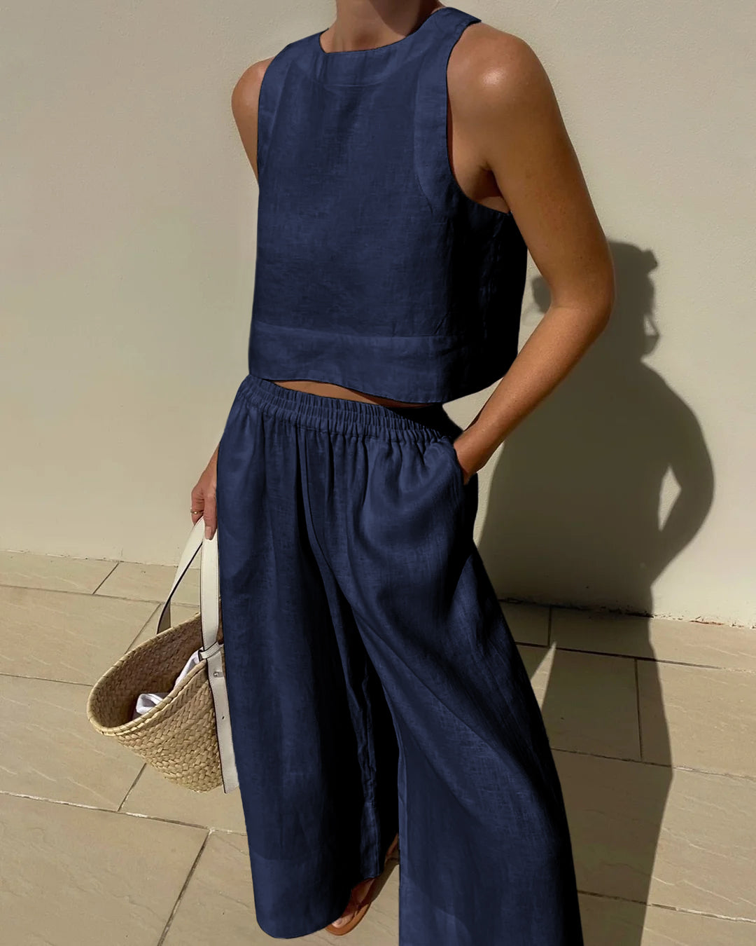 Belle | Zweiteiliges Set mit weitem Hosen - Leinenmix