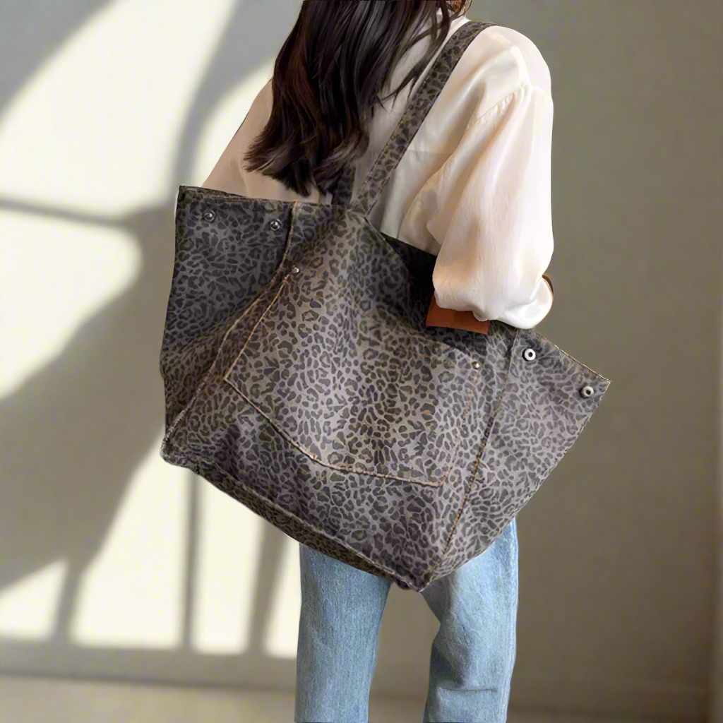 Val | Damen Tasche aus Canvas mit Leopardenmuster - Große Kapazität