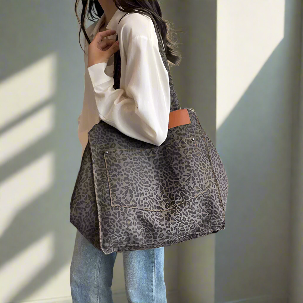 Val | Damen Tasche aus Canvas mit Leopardenmuster - Große Kapazität