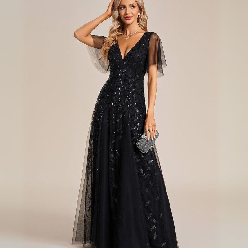 Fiora | Damen Hochzeitsgast Kleid | V-Ausschnitt und Pailletten