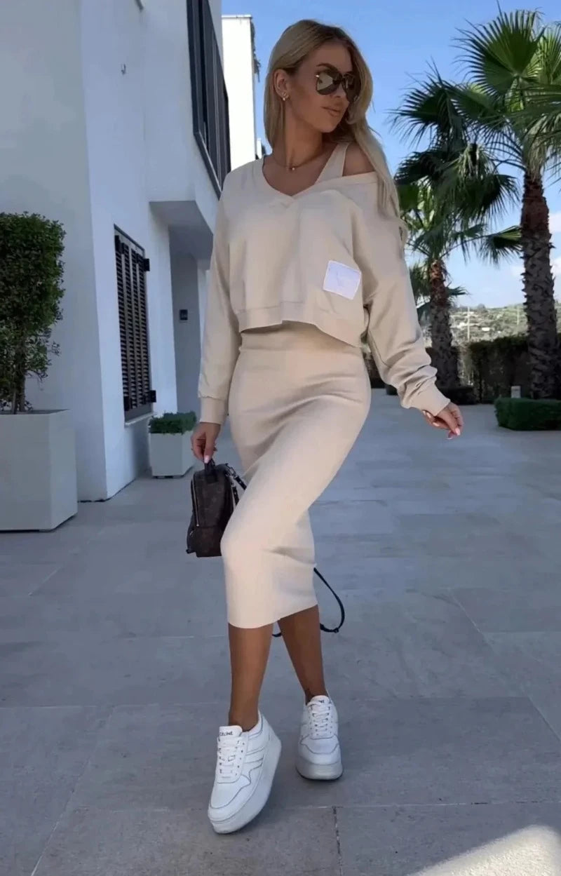 Victoria | Summer - Kleid und langer Pullover 2-teiliges Set-S-Beige-Becker Boutique